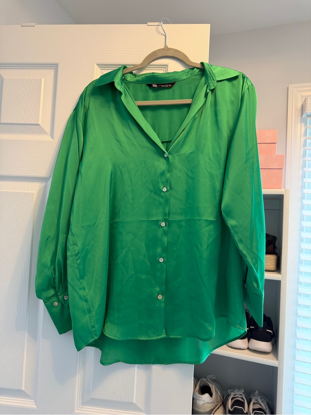 Zara Vibrant Green Satin Button-Down Blouse